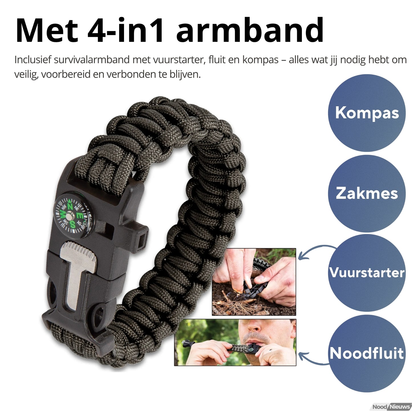 NoodNieuws® Survival Armband – 5-delige Noodarmband (kompas, vuurstarter, fluitje, mes, touw)