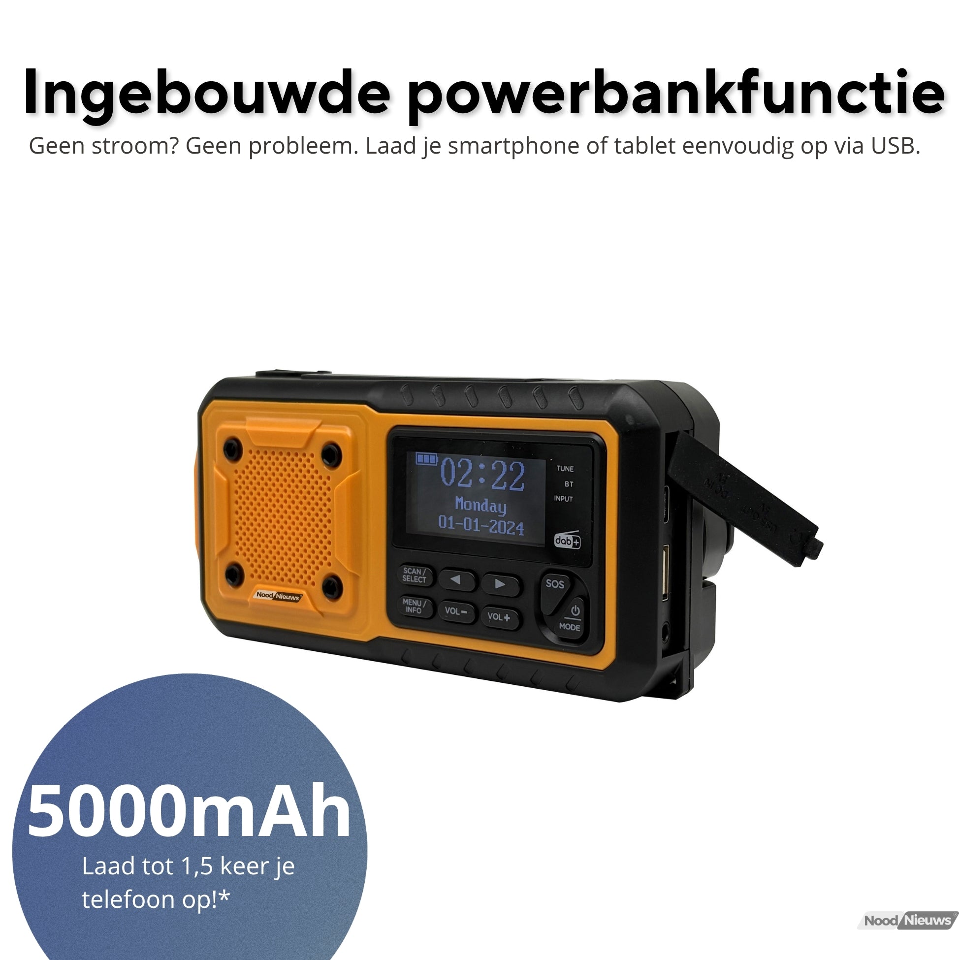 NoodNieuws® Pro - Draagbare Noodradio - DAB+/ FM / BT - 5000mAh
