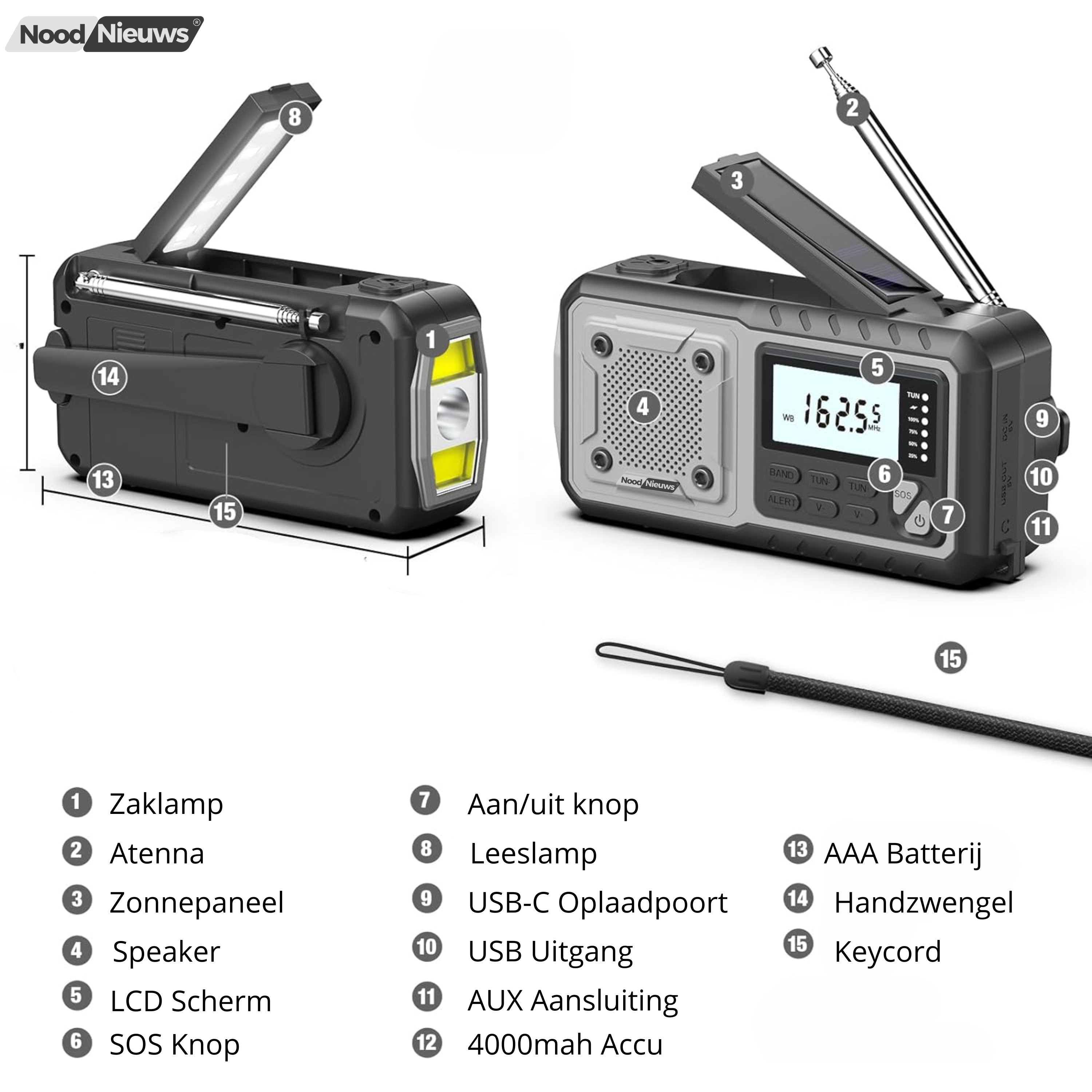 NoodNieuws® Pro - Draagbare Noodradio - DAB+/ FM / BT - 5000mAh