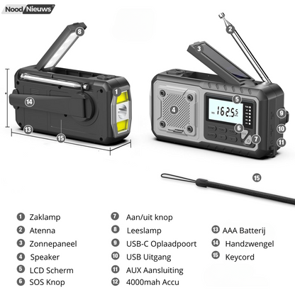 NoodNieuws® Pro - Draagbare Noodradio - DAB+/ FM / BT - 5000mAh