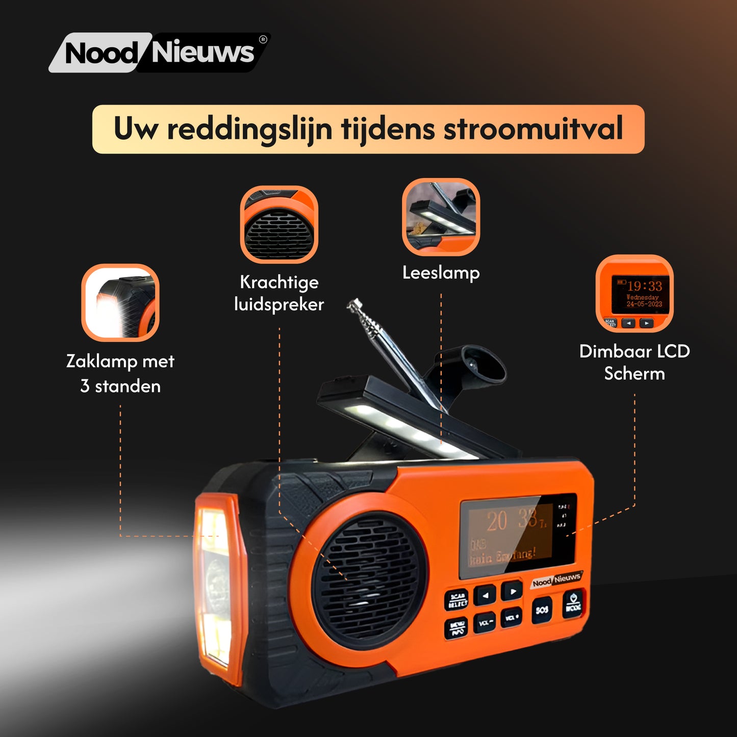 NoodNieuws® Pro – Noodradio met Powerbank en solar